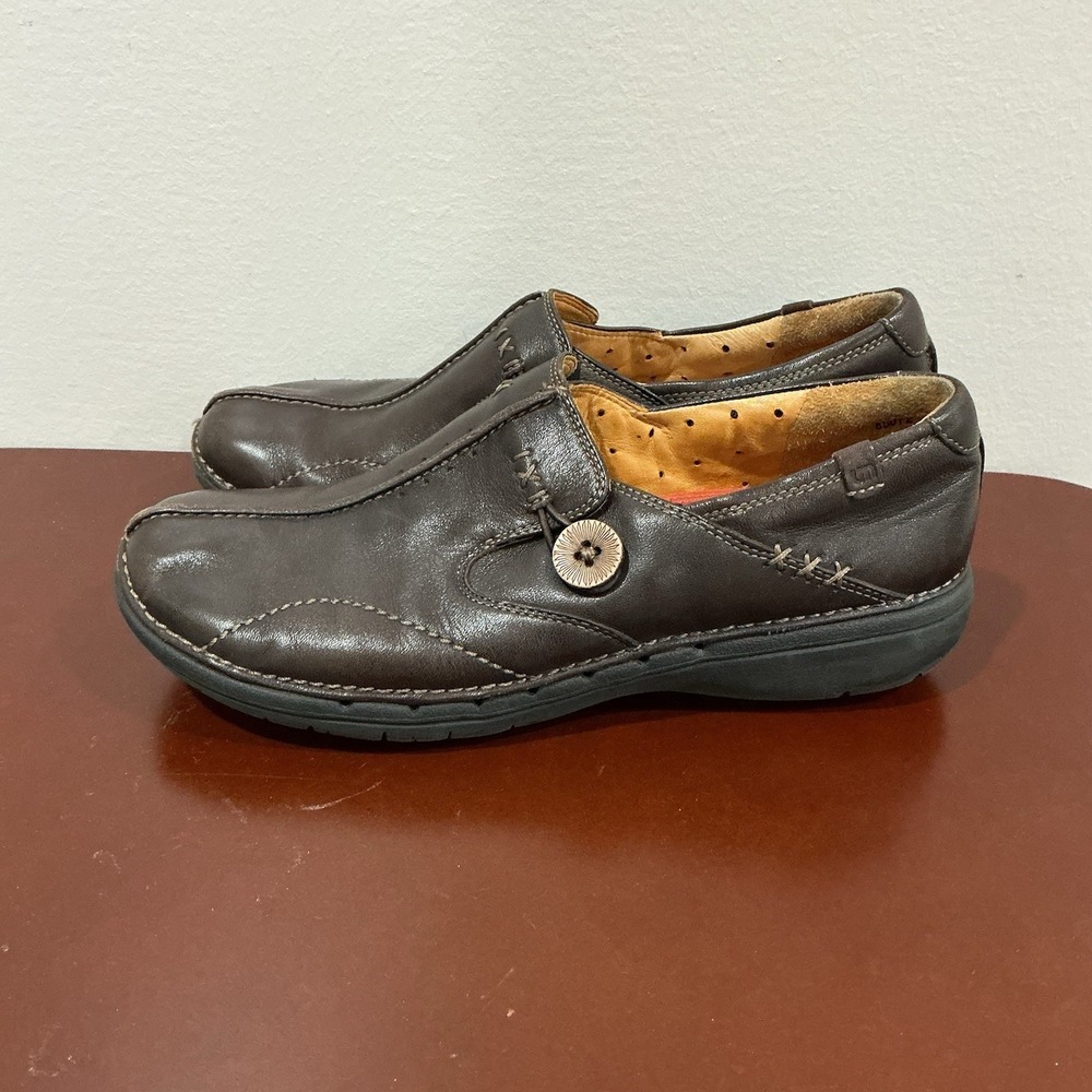 Clarks Unstructured Women's Sz 7N Leather Loop Brown Loafer Shoes